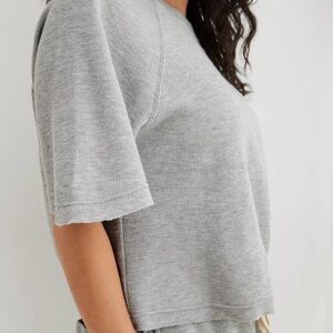 Aerie Lightweight Ribbed Short Sleeve Sweatshirt, Medium Heather Grey, size XXL